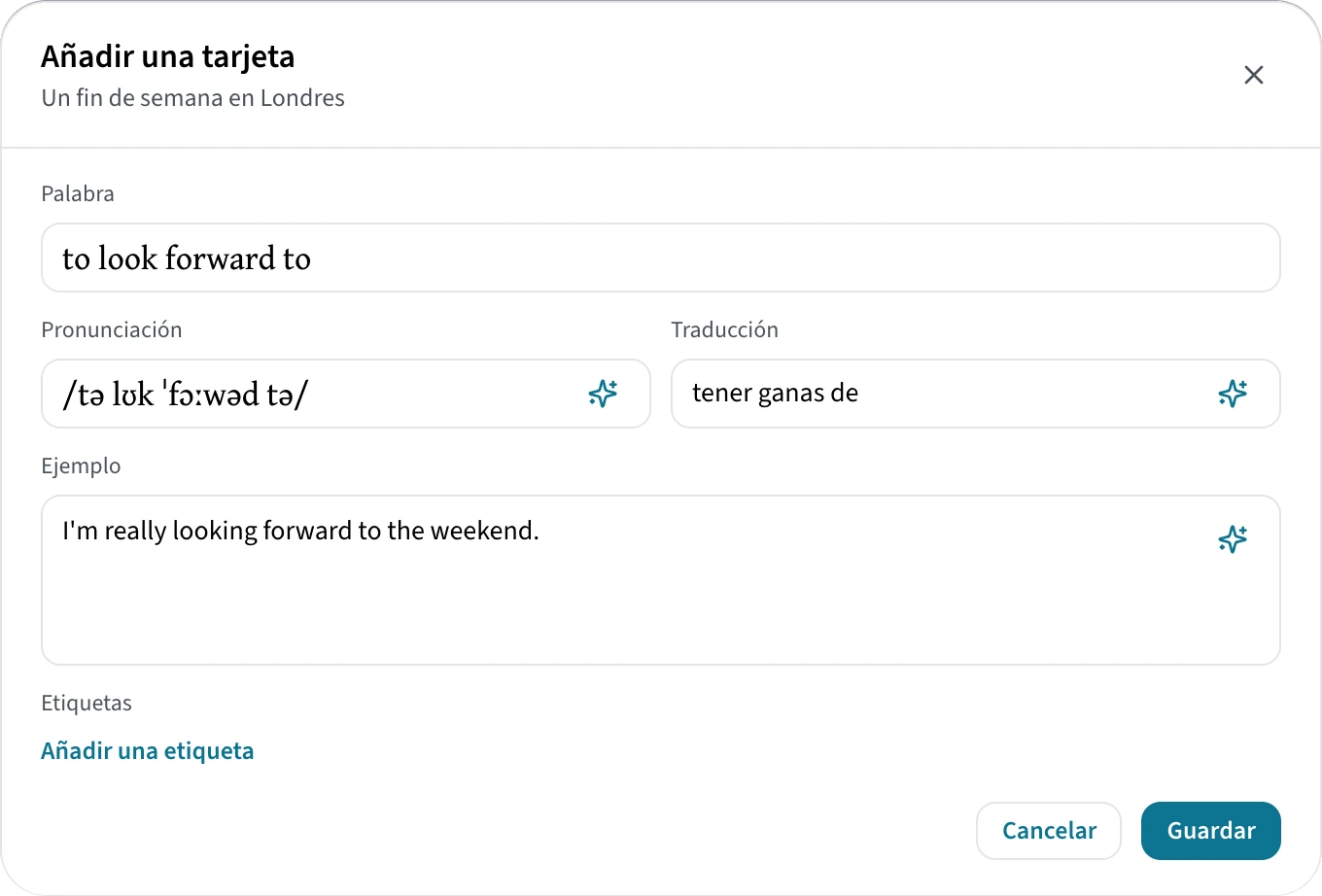 Añadir una tarjeta en Lexica en la web: la expresión inglesa to look forward to, con la pronunciación /tə lʊk ˈfɔːwəd tə/, la traducción tener ganas de y una frase de ejemplo, todas rellenadas con el botón de los destellos