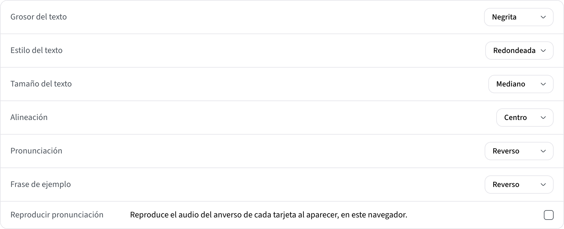 Los ajustes de Tarjetas en Lexica para la web: grosor, estilo, tamaño y alineación del texto, Pronunciación y Frase de ejemplo en el reverso, y Reproducir pronunciación