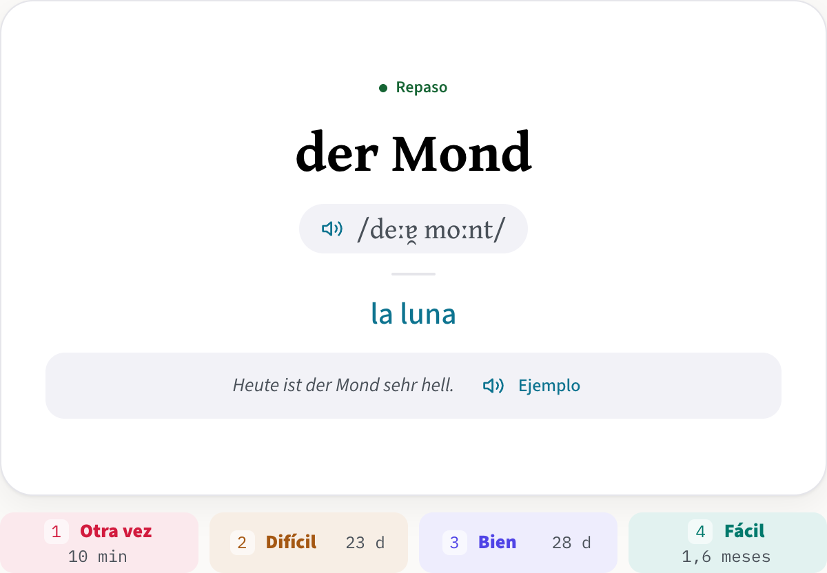 Una tarjeta de repaso de Lexica con la respuesta a la vista: der Mond, el AFI /deːɐ̯ moːnt/, la traducción la luna y el ejemplo Heute ist der Mond sehr hell, sobre los botones Otra vez, Difícil, Bien y Fácil