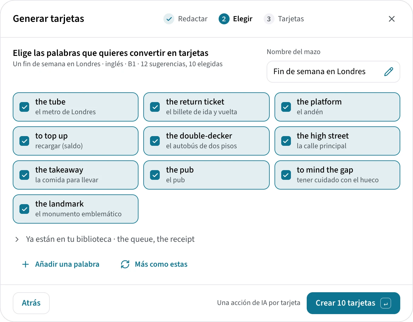 Generar tarjetas, segundo paso: doce palabras en inglés sugeridas con su significado, diez elegidas y dos que ya están en la biblioteca
