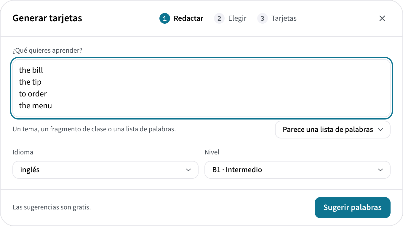 Generar tarjetas, primer paso: una lista de palabras en inglés, the bill, the tip, to order y the menu, reconocida como lista de palabras, en inglés de nivel B1