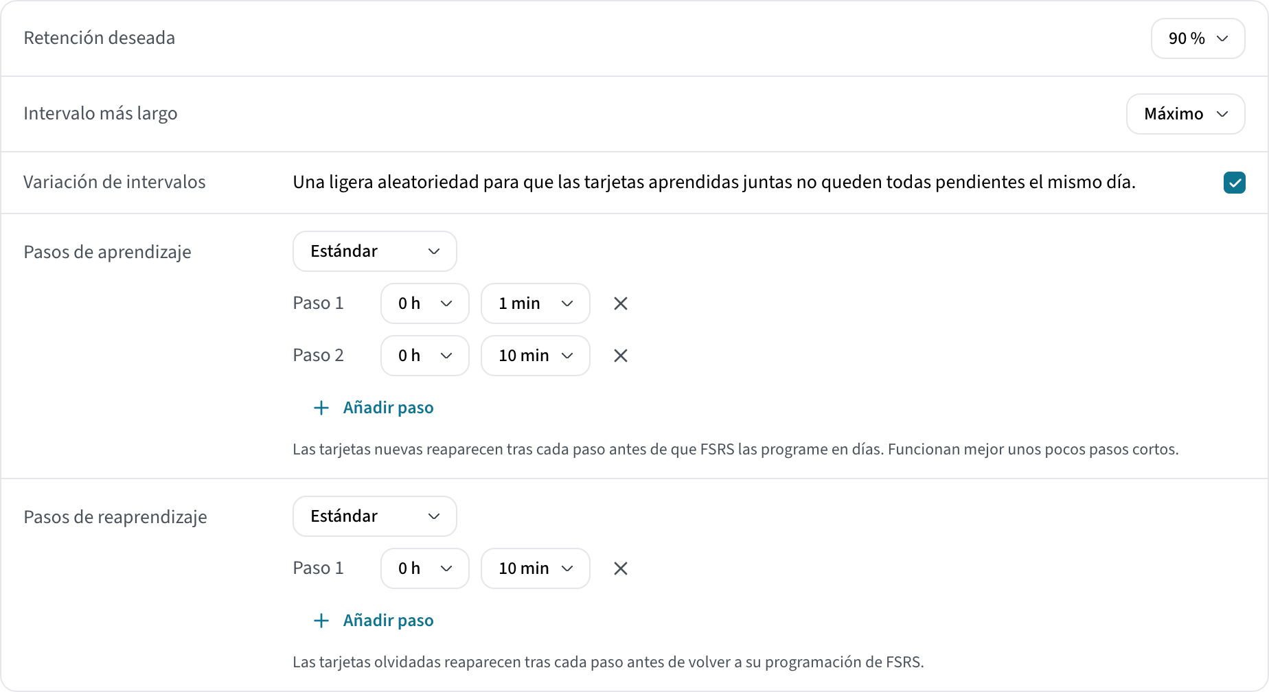 Los ajustes de programación en Lexica para la web: retención deseada del 90 %, intervalo más largo Máximo, variación de intervalos activada, pasos de aprendizaje de 1 y 10 minutos y un paso de reaprendizaje de 10 minutos
