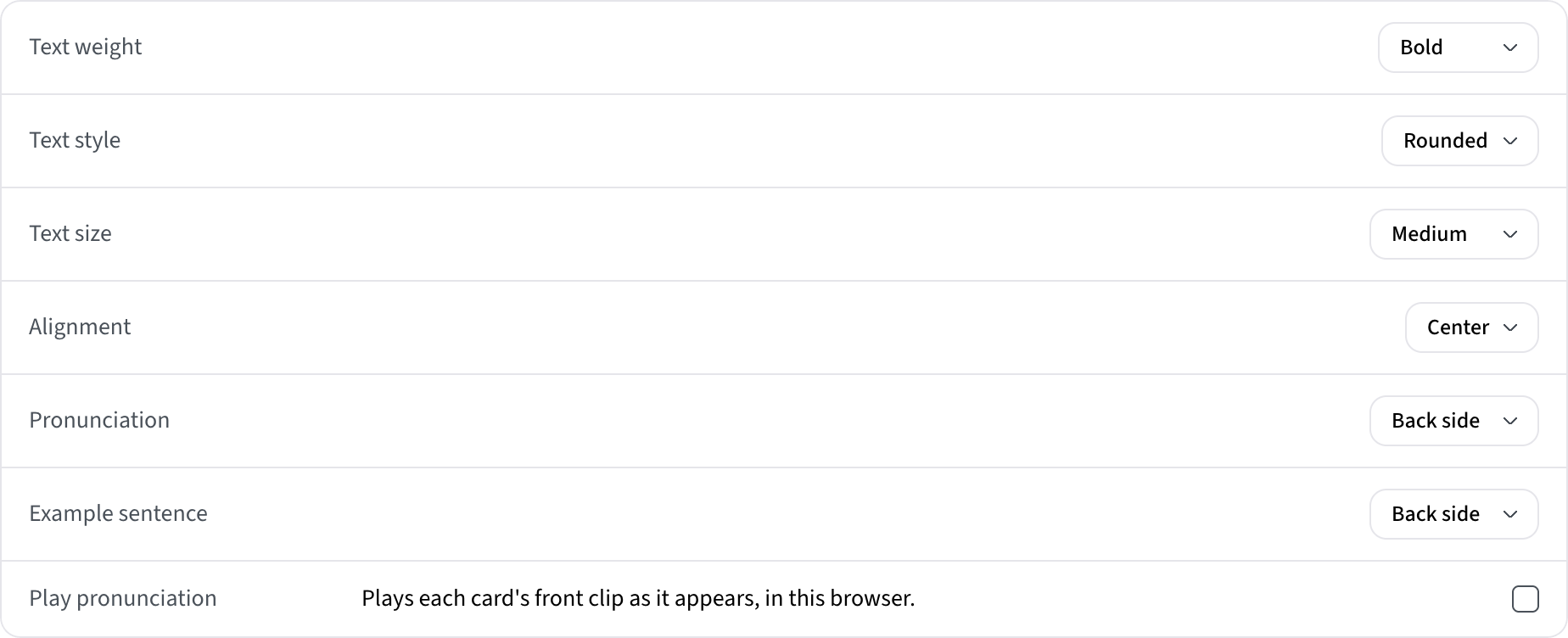 The Cards settings in Lexica on the web: text weight, style, size and alignment, Pronunciation and Example sentence both on the back side, and Play pronunciation