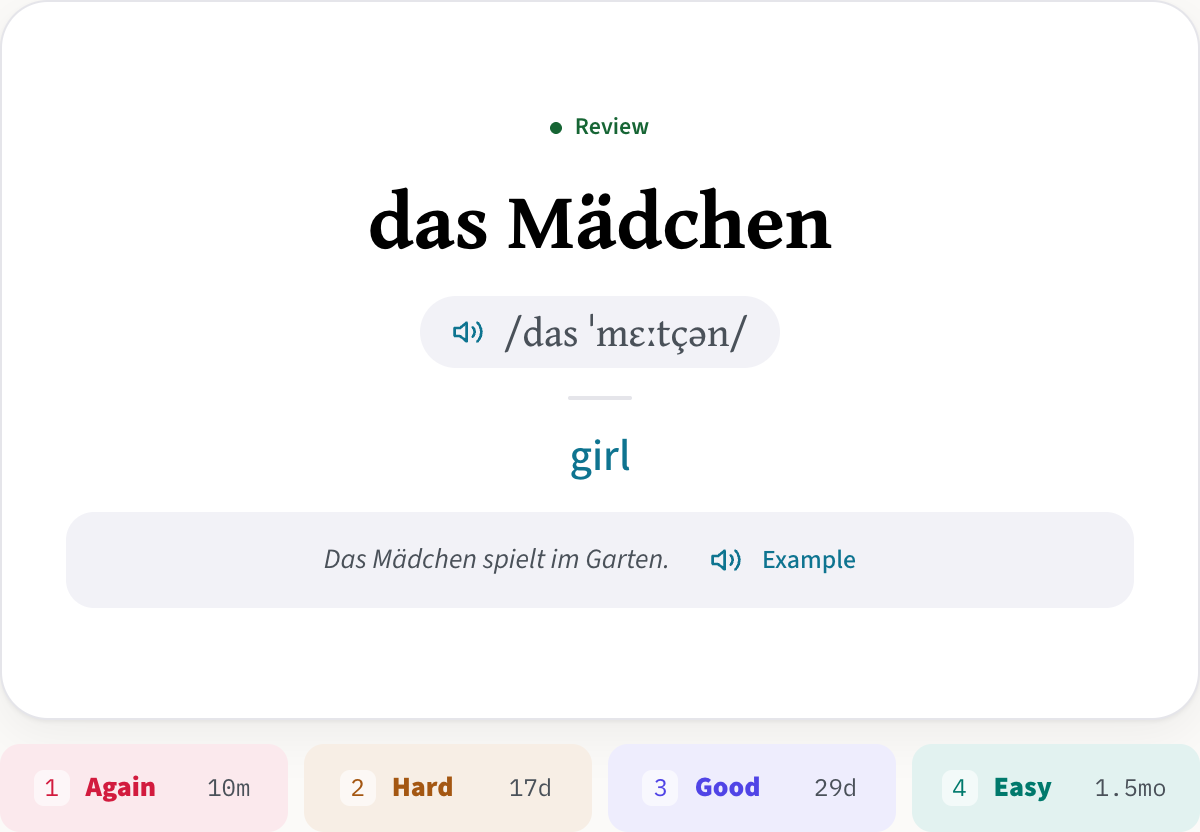 A Lexica review card with the answer shown: das Mädchen, the IPA /das ˈmɛːtçən/, the translation girl and the example Das Mädchen spielt im Garten, above the Again, Hard, Good and Easy buttons