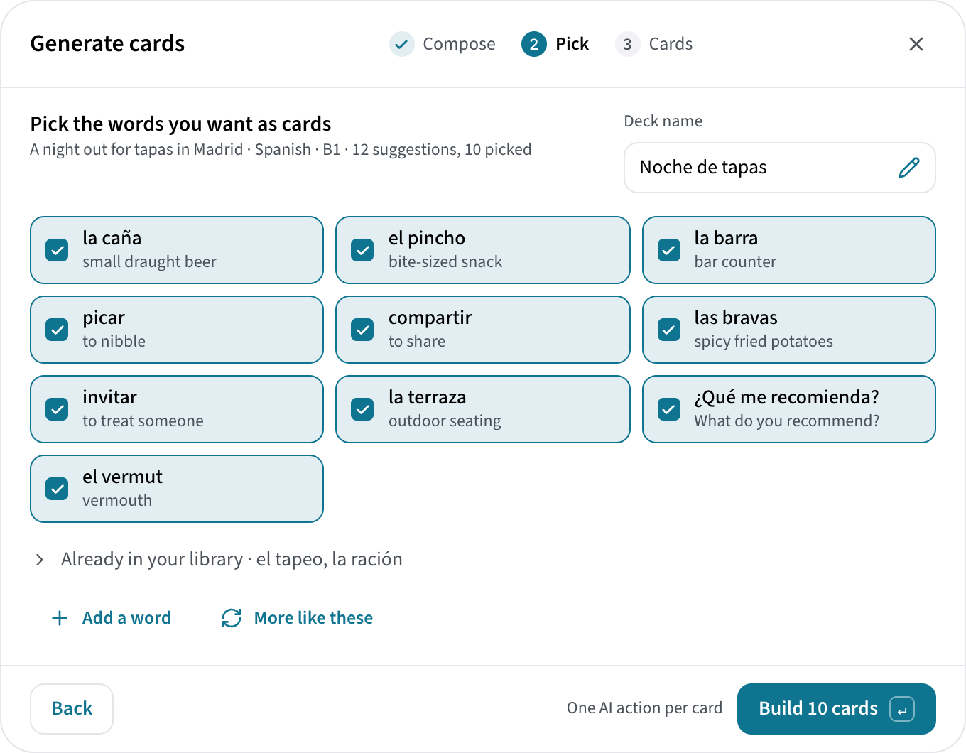 Generate cards, step two: twelve suggested Spanish words with their meanings, ten picked, and two already in the library
