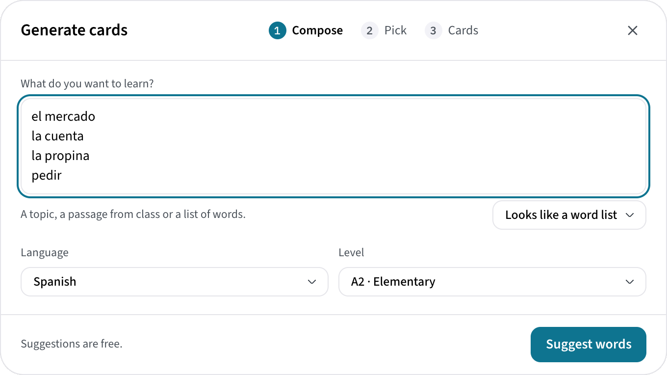 Generate cards, step one: a list of Spanish words, el mercado, la cuenta, la propina and pedir, recognised as a word list, in Spanish at level A2