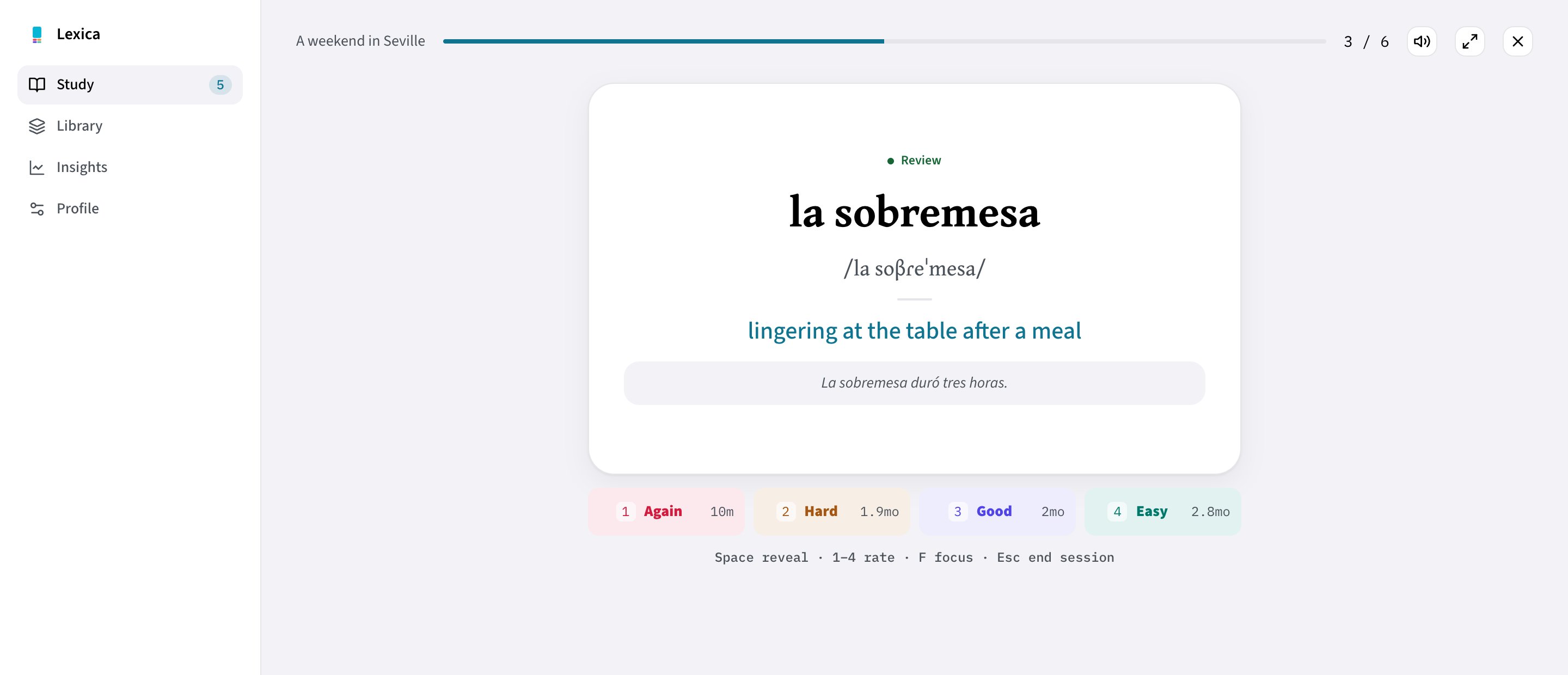 Lexica on the web in a review session: the Spanish card la sobremesa with its IPA, its translation, an example sentence and the Again, Hard, Good and Easy buttons