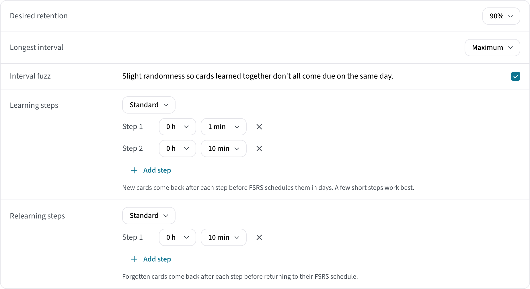 The Scheduling settings in Lexica on the web: desired retention 90%, longest interval Maximum, interval fuzz on, learning steps of 1 and 10 minutes and a relearning step of 10 minutes